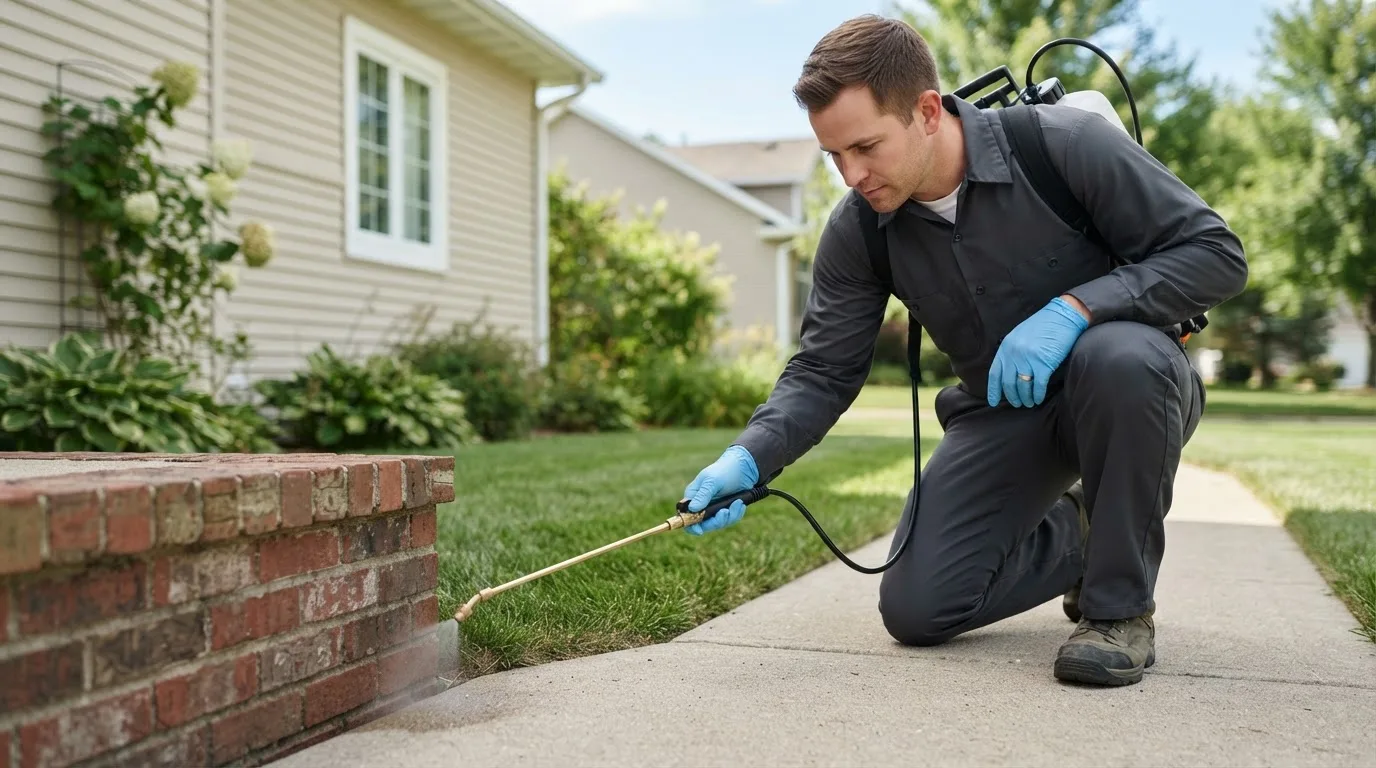 Pest control technician treating a home near Ronkonkoma, NY